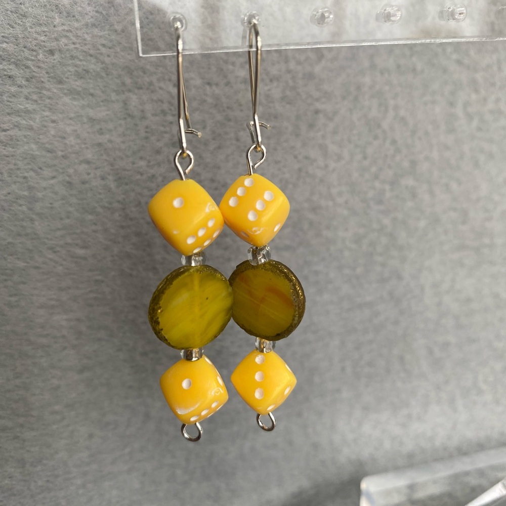 Handmade yellow dice and yellow flat glass bead earrings long dangle